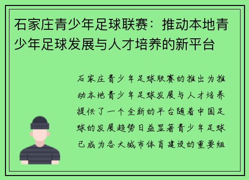 石家庄青少年足球联赛：推动本地青少年足球发展与人才培养的新平台