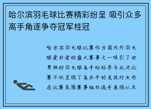 哈尔滨羽毛球比赛精彩纷呈 吸引众多高手角逐争夺冠军桂冠
