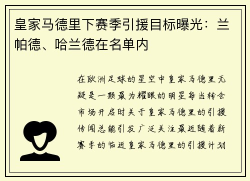 皇家马德里下赛季引援目标曝光：兰帕德、哈兰德在名单内