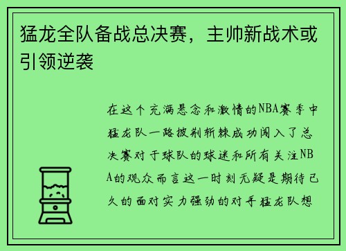 猛龙全队备战总决赛，主帅新战术或引领逆袭